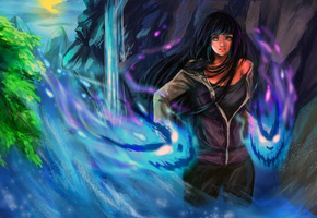hyuuga hinata, naruto, вода, водопад, дерево, девушка, rikamello, Арт
