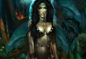 монстры, огонь, демоны, девушка, ведьма, Арт