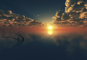 гладь, закат, море, горизонт, ветка, Арт, дерево, облака