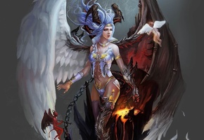 ангелок, девушка, крылья, рога, цепи, Арт, ангел, демон