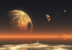 фантастика, звезды, планеты, озеро, Пейзаж, вода