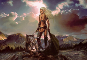 тигр, плащ, девушка, горы, меч, эльфийка, Арт