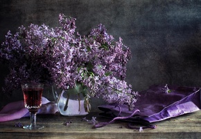 бокал, стол, ваза, пакет, Сирень, цветы, вино, натюрморт