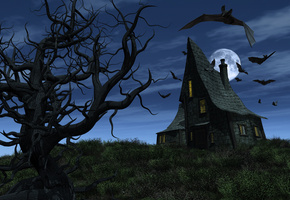 Halloween, creepy tree, bats, full moon, , haunted house, scary, страшно, хэллоуин