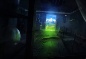 Арт, комната, проем, цвета, пейзаж, темно, дверь, горы