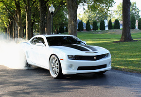 camaro, asanti, Сhevrolet, асфальт, диски, дым, хром, деревья