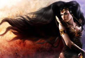 Арт, воительница, доспехи, девушка, огонь, украшения