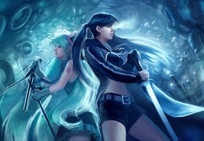 девушки, катана, Black rock shooter, mato kuroi, меч, vocaloid, hatsune miku