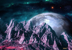 космос, Арт, звезды, рельеф, ландшафт, горы, планеты, qauz