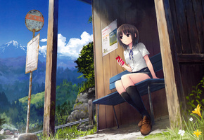 остановка, coffee-kizoku, плеер, автобус, Арт, девушка