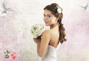 голуби, кольца, Девушка, розы, свадебный, букет