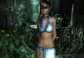 Девушка, папоротник, острые уши, пещера, свет, сундук