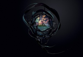 остров, звёзды, море, чернила, Desktopography, окно, ленты