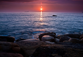 море, Закат, камни, корабли