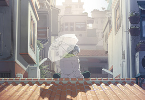 парень, зонт, крыши, clear, белый плащ, Dramatical murder, сидит