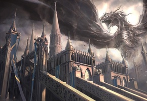крылья, монстр, замок, пасть, дракон, mark yang, Арт