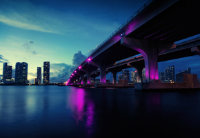 miami, usa, небоскребы, река, огни, вечер, Мост, florida