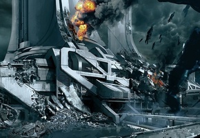 руины, Mass effect 3, жнецы, concept art, thessia, огонь, город, корабли