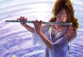 цветы, музыкальный инструмент, Арт, девушка, вода, reishin