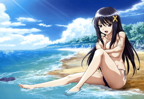 девушка, пляж, море, пальма, сиськи