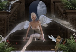 ангел, девушка, angel, кошка, cat, луна