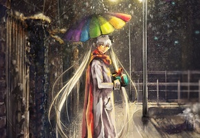 подарок, Арт, улица, город, ryuuka-nagare, девушка, очки, зонт