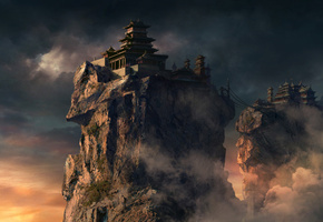 скалы, pursue, высота, feng liu, храм, дома, азия, Арт, облака