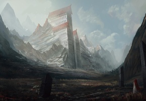 девушка, blinck, гигантские, здания, Арт, пейзаж, дома