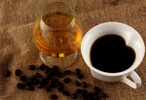 Коньяк, белая, кофе, чашка, бокал, зерна