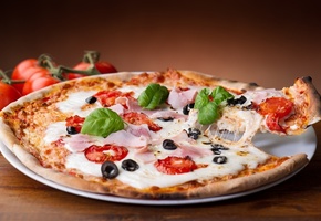 pizza, помидоры, маслины, блюдо, сыр, Пицца