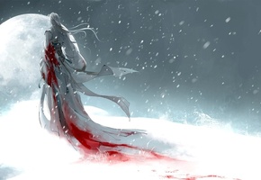 кровь, снег, Арт, heise, девушка, луна