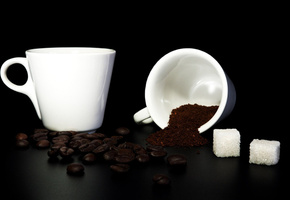 Кофе, молотый, зерна, сахар, кружки