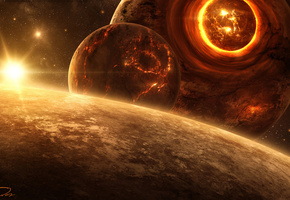 Арт, звезда, qauz, сфера, разрушение, планеты, трещины