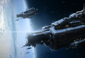 армада, космос, корабли, атмосфера, планета, Арт