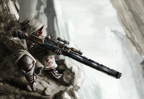винтовка, Арт, снайпер, провода, sniper, капюшон, скалы