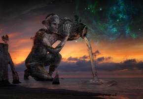 скалы, скульптура, кувшин, статуя, женщина, Море, вода