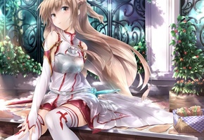 Sword art online, yuuki asuna, платье, девушка, еда, цветы, корзинка