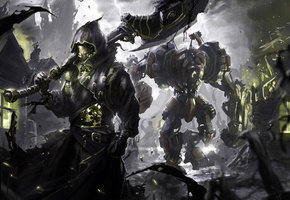 ночь, плащ, топор, Воин, капюшон, робот, деревня, дождь