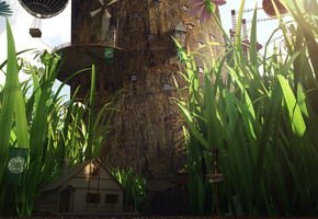 поселение, дерево, дома, гигантское, Трава, ствол