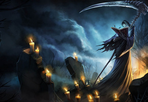 смерть, League of legends, коса, lol, могилы, свечи, тьма, karthus