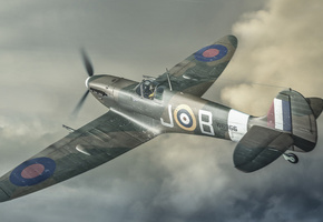 supermarine, полет, Арт, самолет, в небе, ретро, spitfire