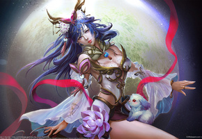 луна, Арт, xue xia, кролик, девушка, цветок, лента