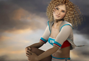 3d, минимализм, свет, взгляд, кудри, облака, Девушка