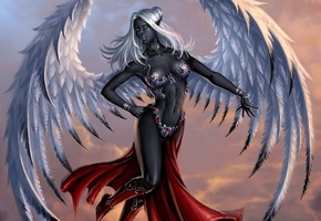 крылья, эльф, дроу, девушка, Арт, чернокожая, украшения