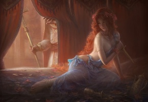 Арт, нож, рыжая, оружие, девушка, wangxiaoyu, кровать