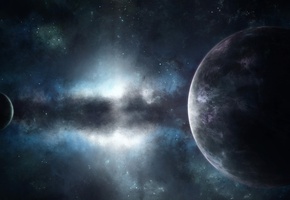 Космос, туманность, свечение, планета, спутник, звезды