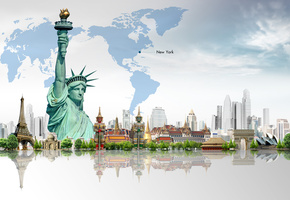 деревья, небоскрёбы, Статуя свободы, карта