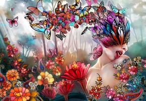 цветы, девушка, бабочки, коллаж, Арт, язык