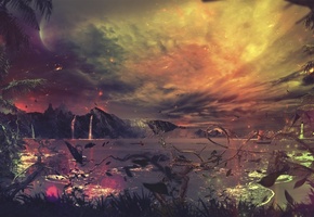 пальмы, лианы, отражение, луна, вода, Desktopography, птицы