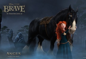 angus, Merida, ночь, лес, принцесса, конь, brave